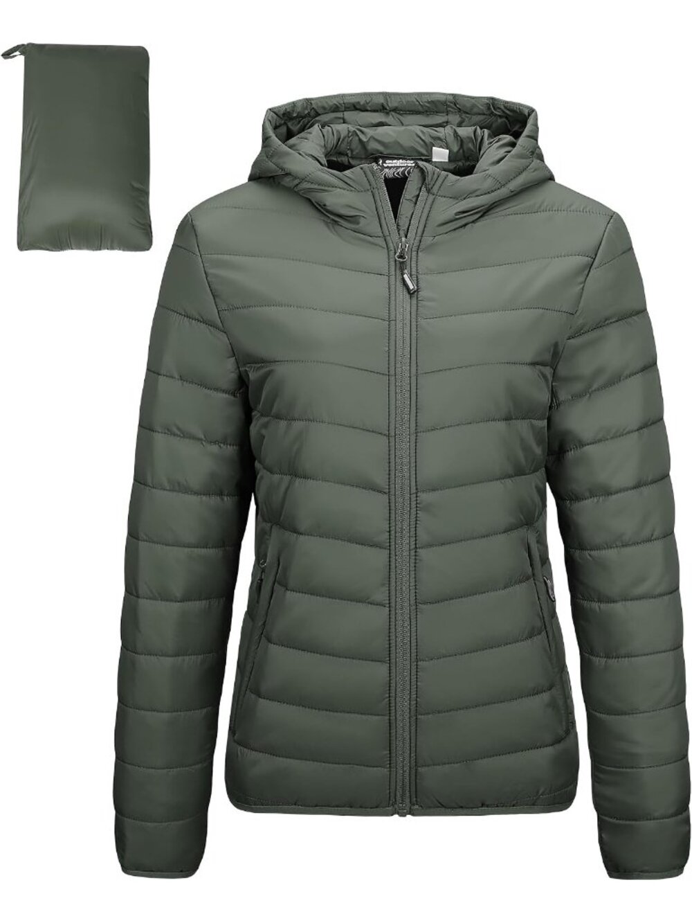 〽️Army Green Women’s Lightweight Hooded Puffer Coat Packable Full Zip